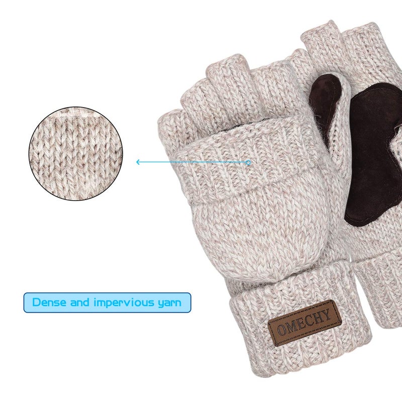 OMECHY Winter Knitted Fingerless Wool Gloves Thermal Insulation Warm Convertible Mittens Flap Cover for Men Women - Image 4